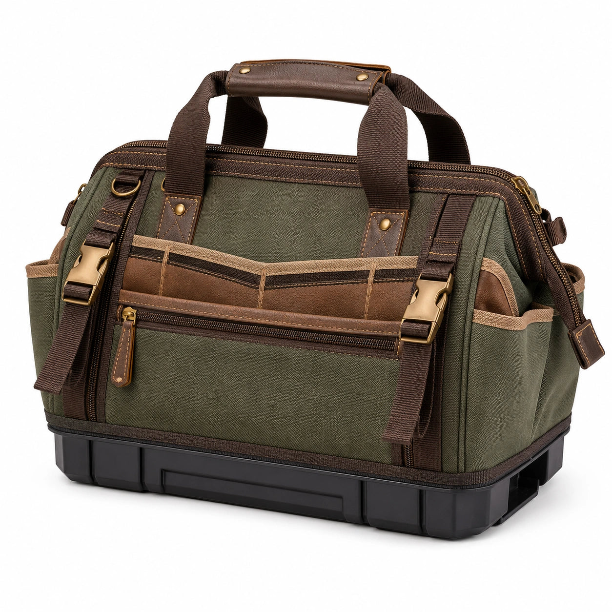 Bolsa de herramientas verde con estructura reforzada y bolsillos exteriores