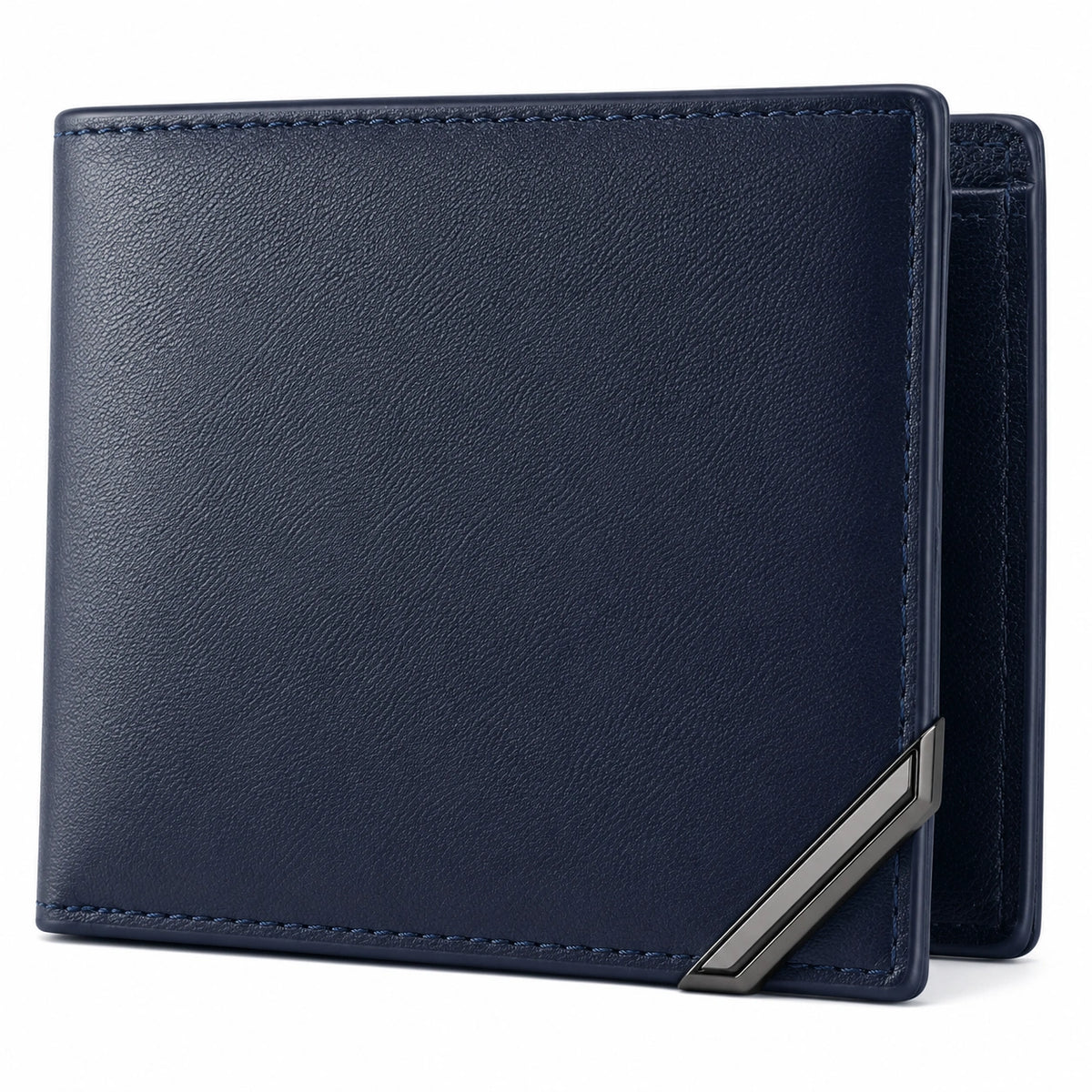 Cartera bifold azul con acento metálico para hombre