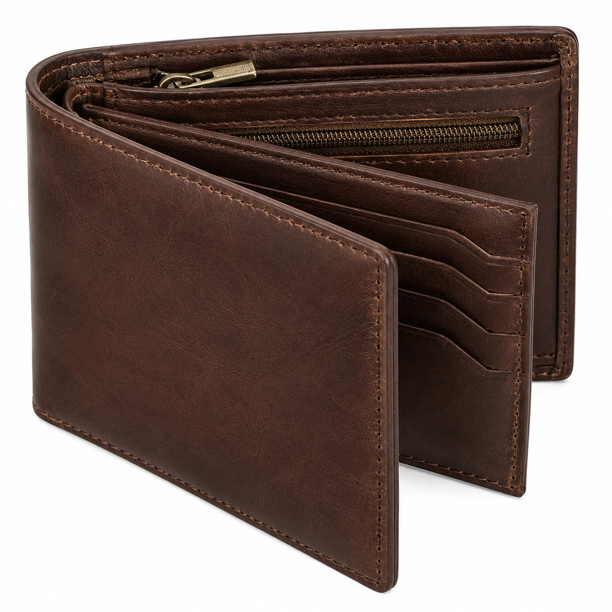 Cartera clásica marrón con cremallera y ranuras para tarjetas