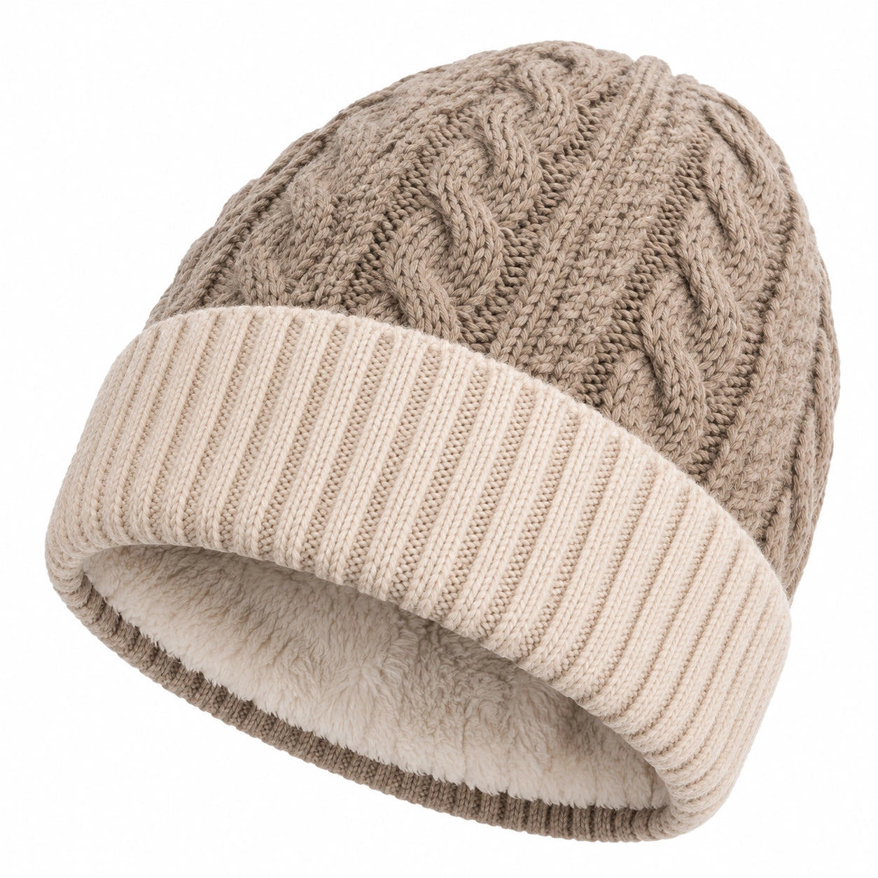 Gorro de Invierno de Punto Trenzado con Forro Polar Beige