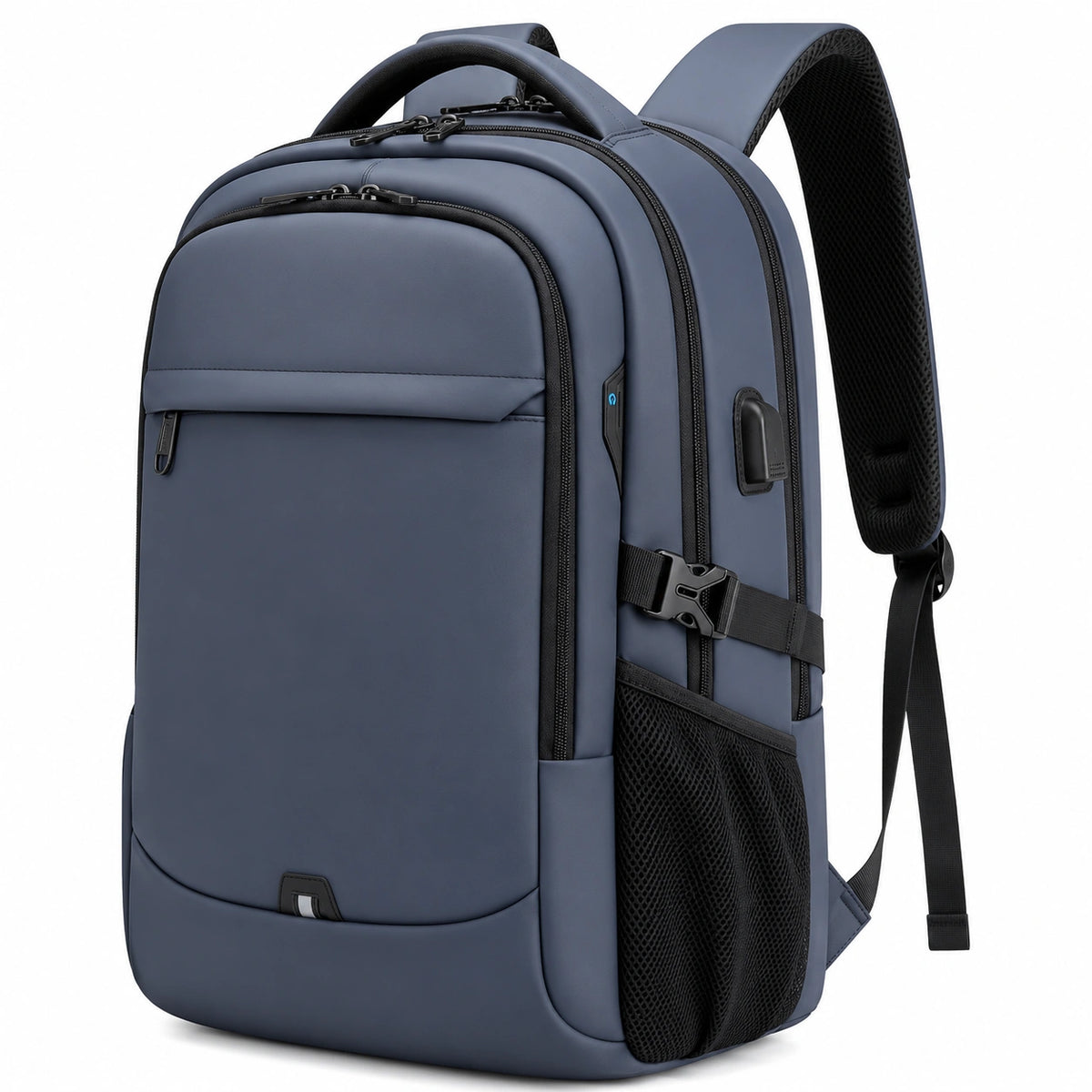 Mochila urbana azul con puerto USB y capacidad de 25L