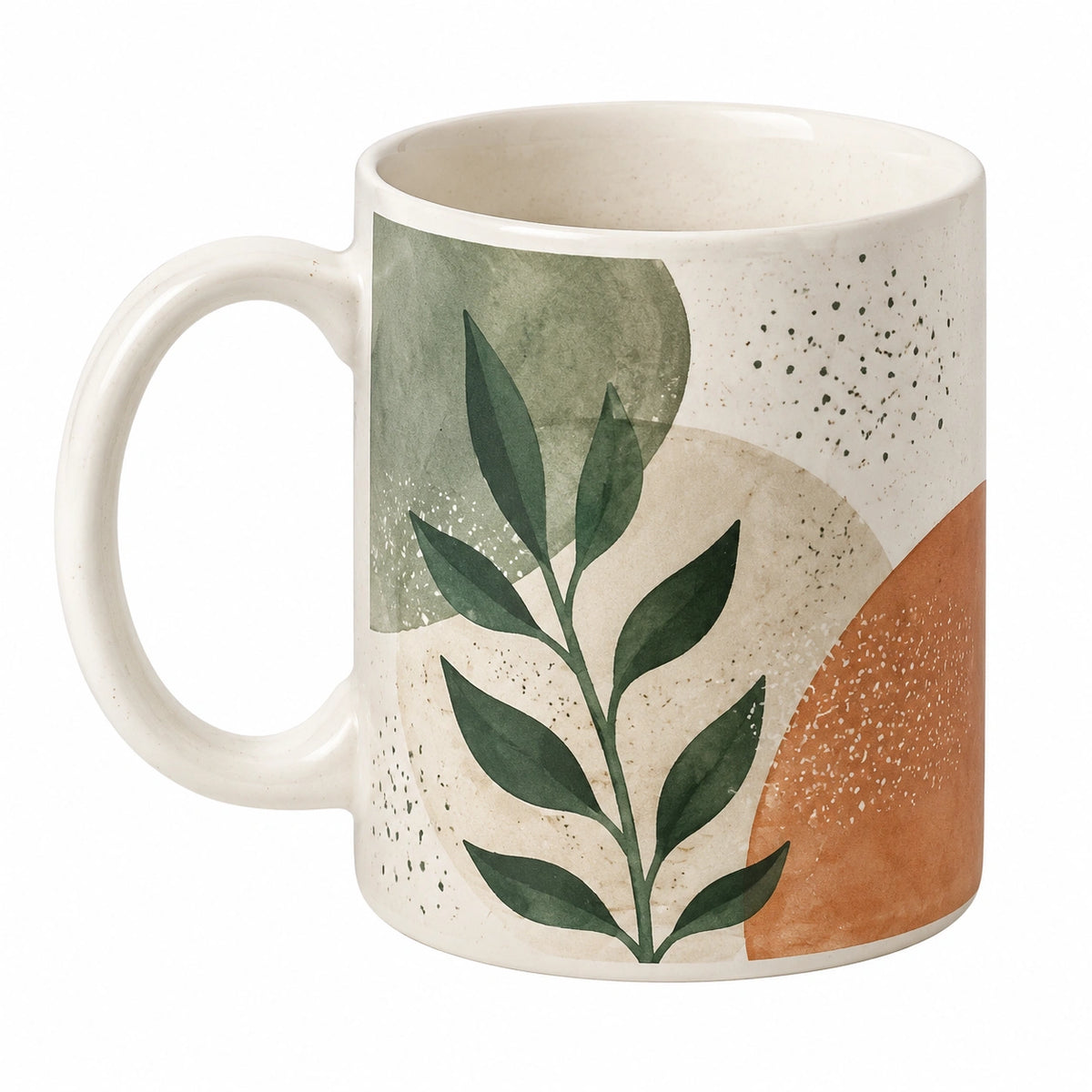 Taza de cerámica con diseño de hojas verdes y fondo multicolor