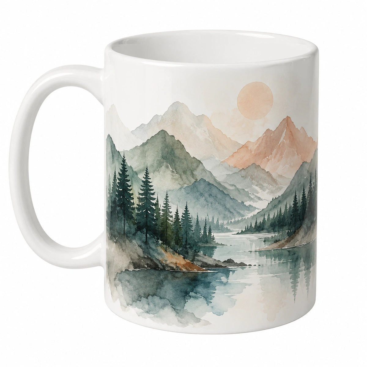 Taza de cerámica con diseño de paisaje de montaña en acuarela, 350ml