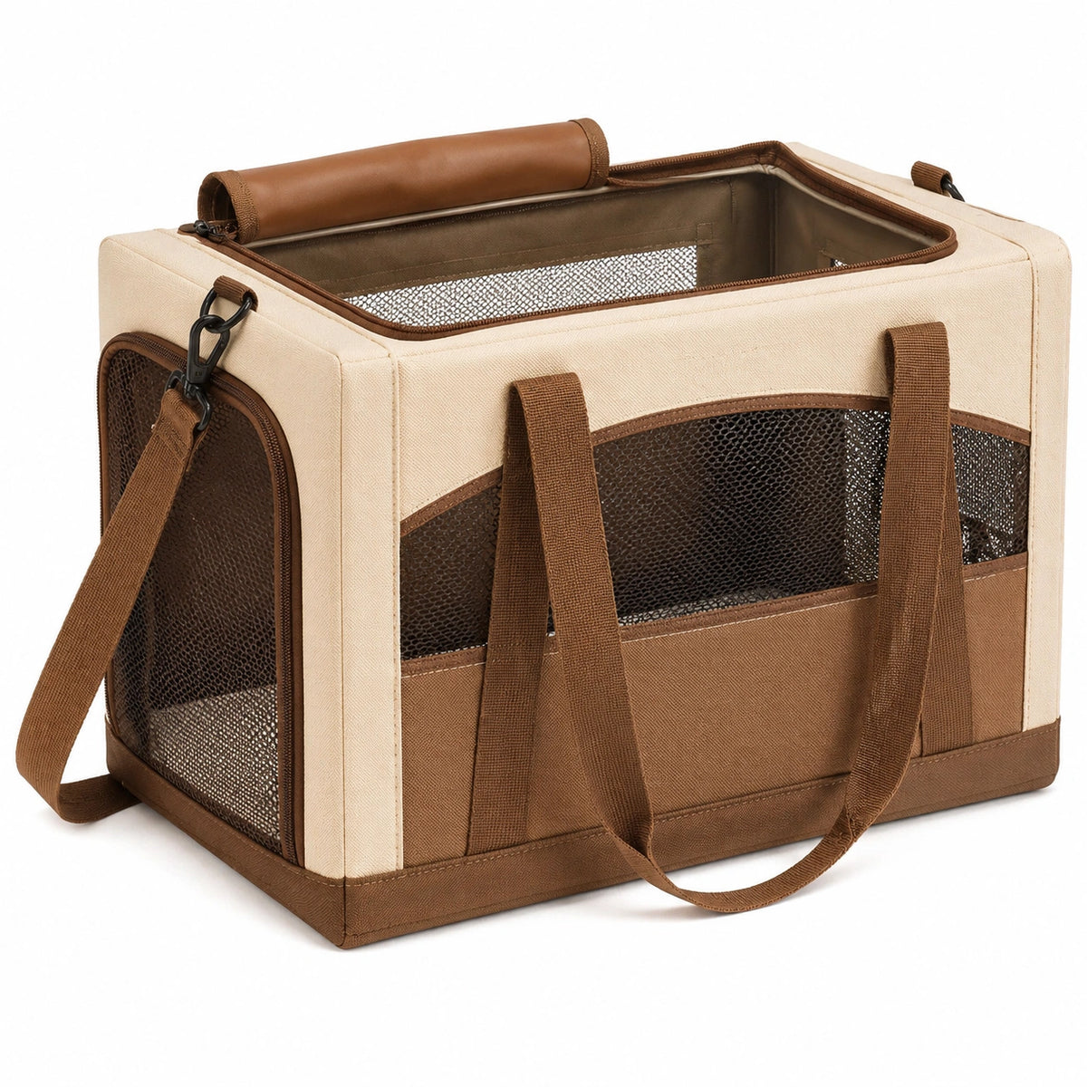 Transportín para mascotas portable con correas beige y marrón