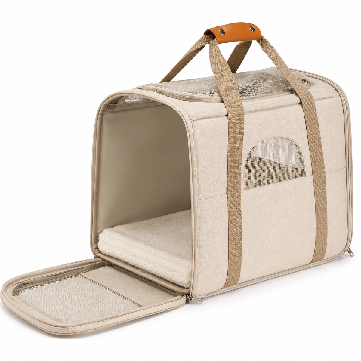 Transportín Plegable para Mascotas Beige con Ventilación y Asa Ergonómica