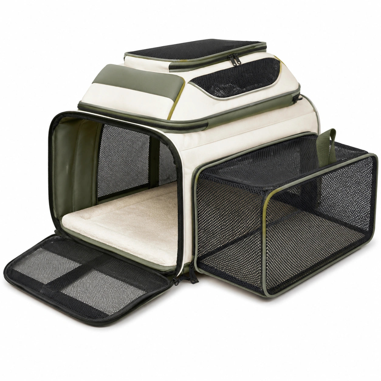 Transportín Plegable para Mascotas con Múltiples Compartimentos Verde y Blanco