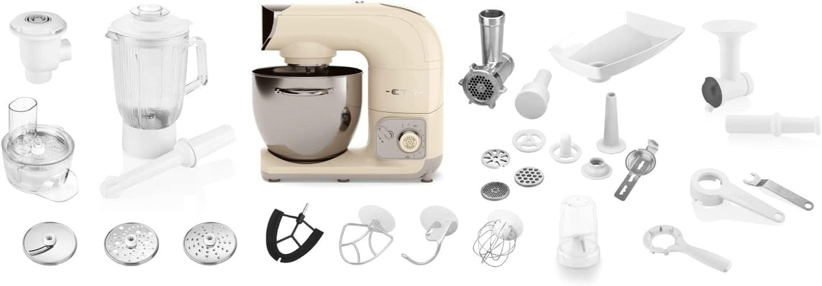 ETA Staubsauger, 1200 W, 5.5l, Beige, Küchenmaschine im Retro Ganzmetall-Design STORIO -, Planeten-Rührwerk, Edelstahlschüssel