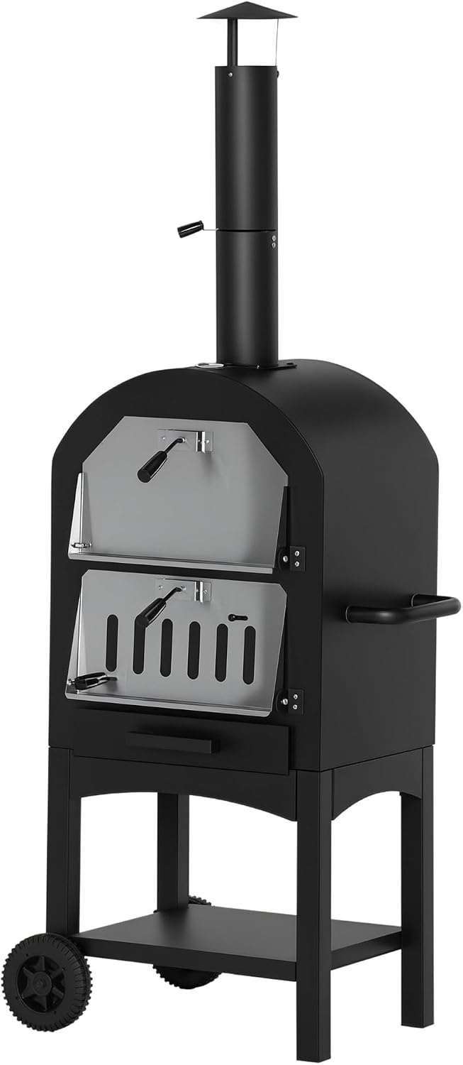 Outsunny Pizzaofen, 63x54x161 cm, Schwarz/Silber, 2-In-1 Outdoor mit Rollen Schwarz+Silber