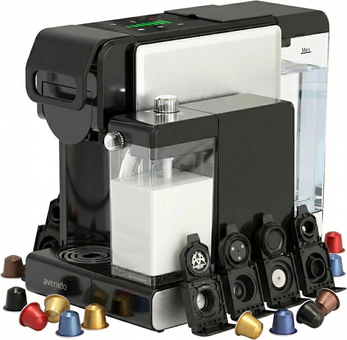 avenido Kaffeemaschine, 19 bar, 2850 W, Silber, multikapsel-espressomaschine mit milchaufschäumer, leistung, druck und 7 adapter