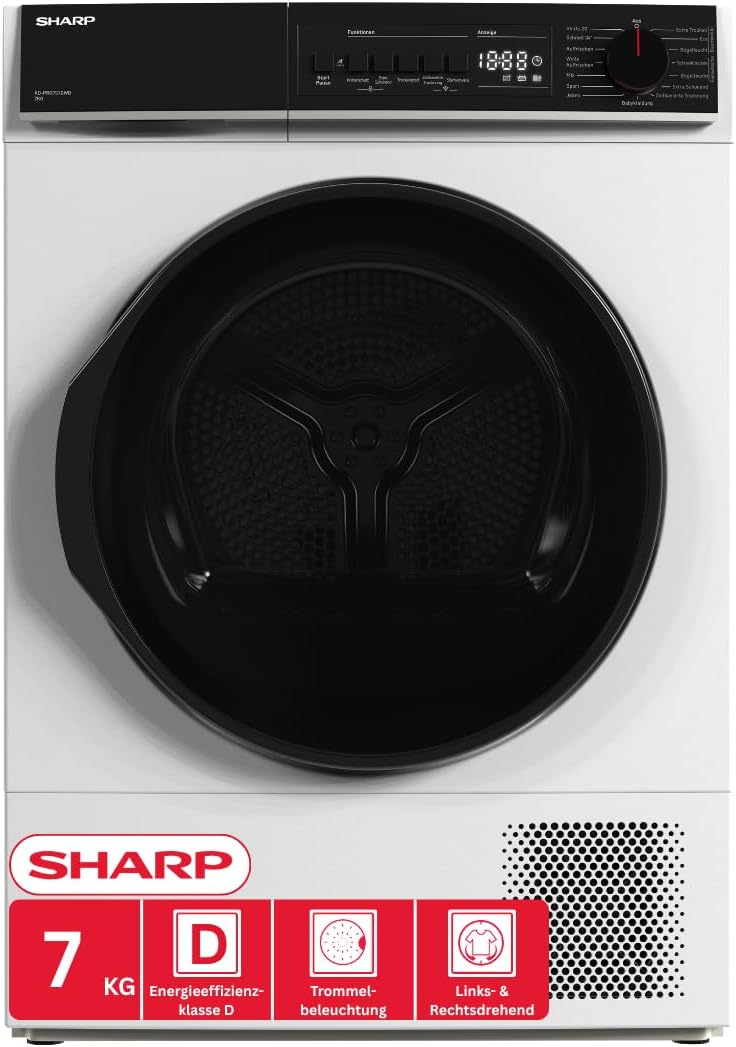 SHARP Wärmepumpentrockner, 7 kg, Weiss, KD-PRO7S7GWD-DE Wäschetrockner, WiFi, 15 Trockenprogramme inkl. 20-Minuten-Schnelltrockenprogramm