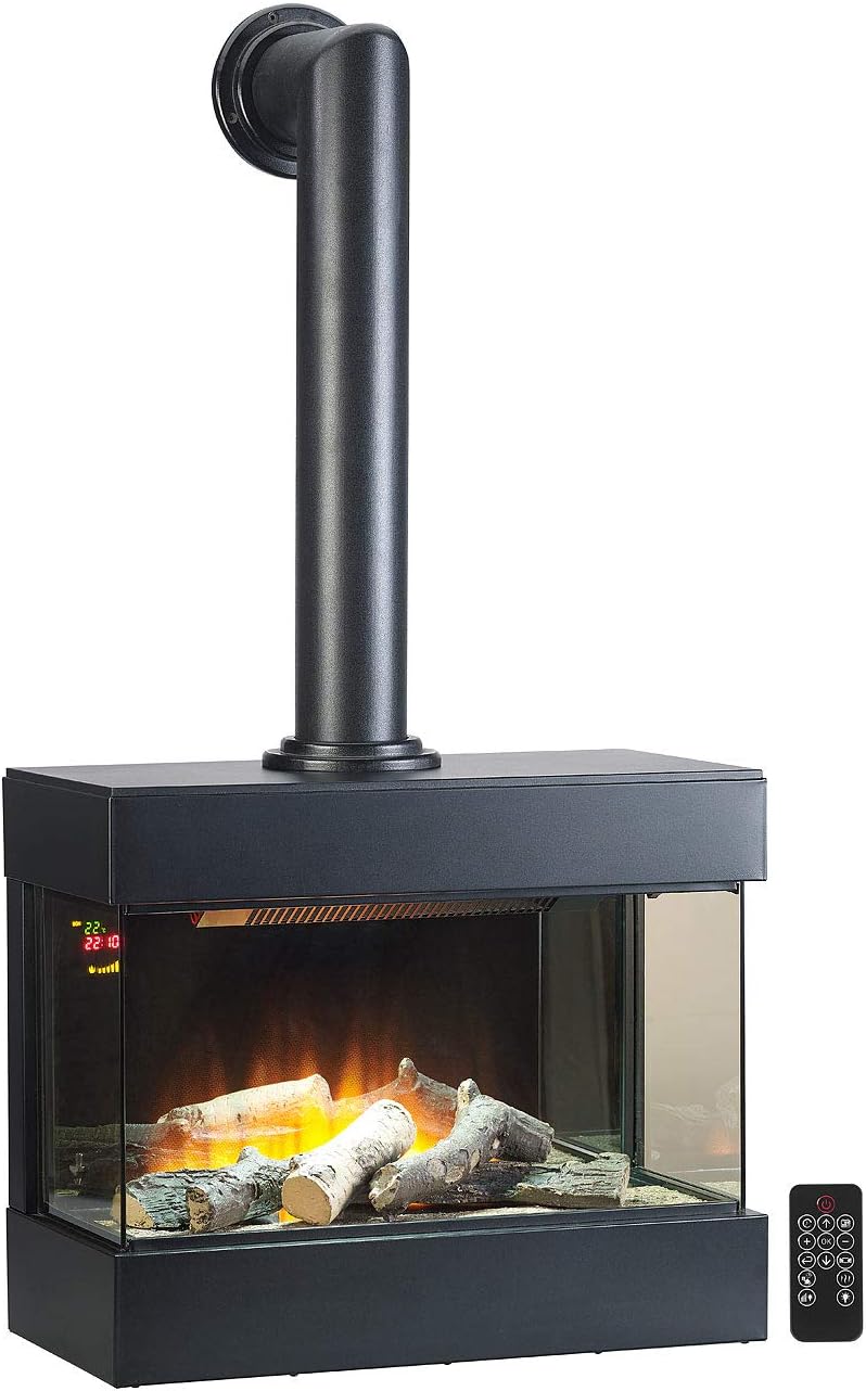 Carlo Milano Elektrokamin, 60 cm, Schwarz, mit Rohr: Nostalgie-Elektro-Wandkamin mit 3D-Flammeneffekt, 2.000 Watt