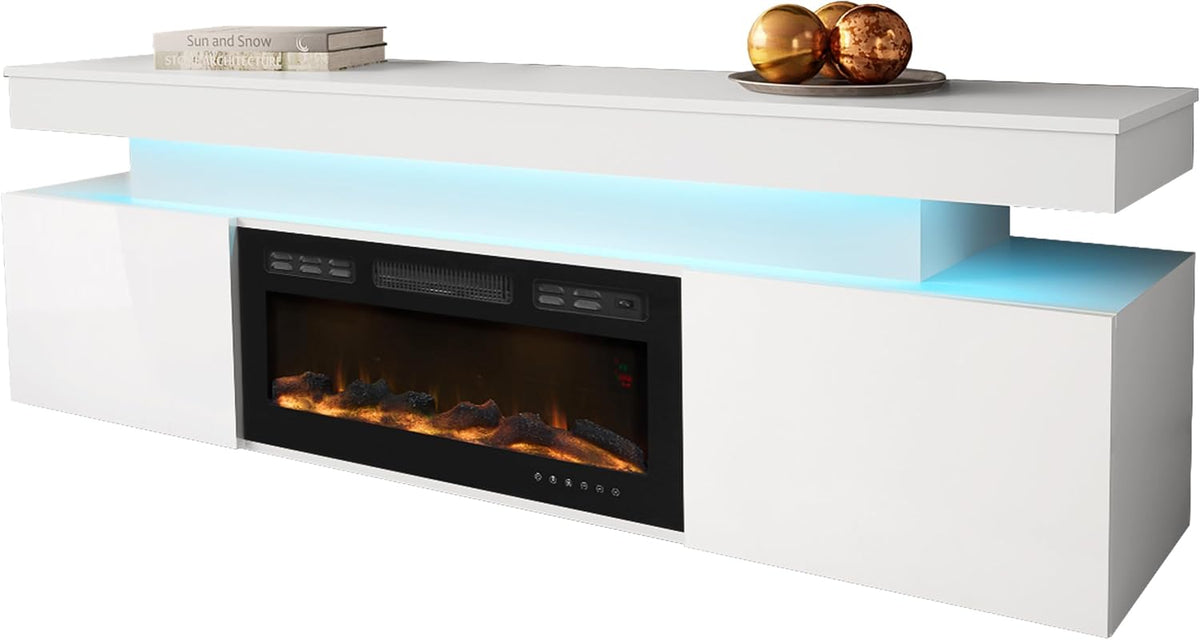 Mirjan24 Fernseher, Weiss, TV-Lowboard Serkuzo EF 2D mit Elektrokamin ( Hochglanz)