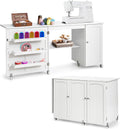 COSTWAY Schreibtisch, 158x50x75 cm, Weiss, 2 in 1 Nähtisch Nähschrank klappbar, Basteltisch mit Arbeitsplatte & Ablagen & Türschrank