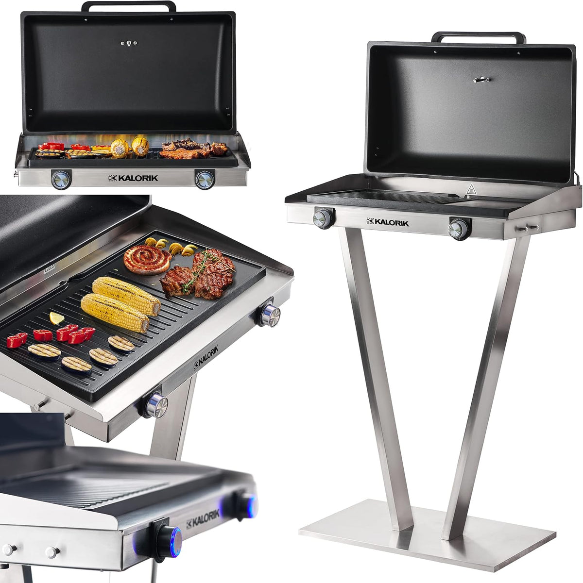 Kalorik Elektrogrill, 1002 L, 2500 W, Silber/Schwarz, TKG EBBQ XXL mit Standfuss und Deckel, Standgrill Elektro aus Edelstahl
