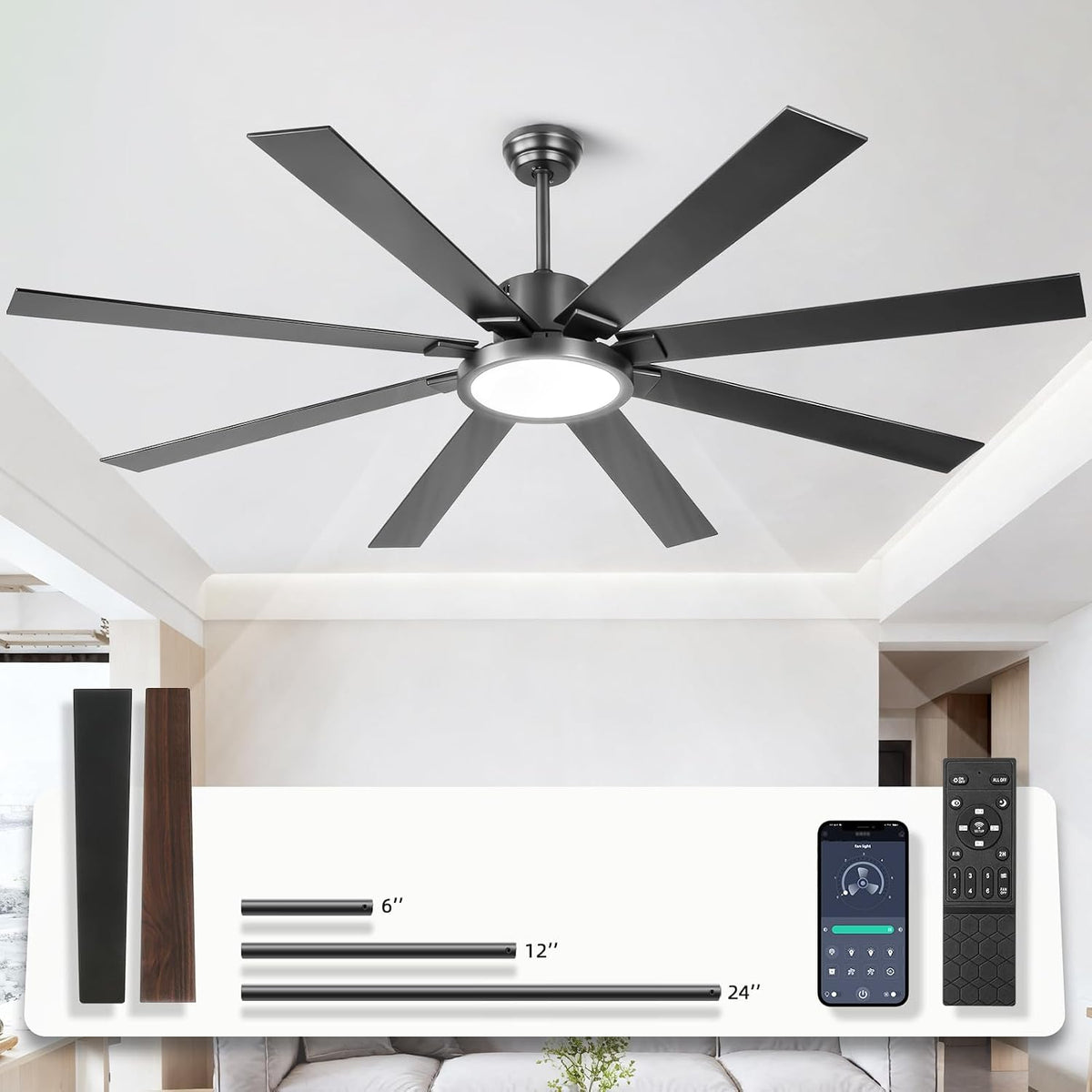 TIRUSUN Deckenventilator, 183,9 cm, Schwarz, Grosser mit Lichtern, 8 Flügel, Outdoor- mit Fernbedienung, App-Steuerung
