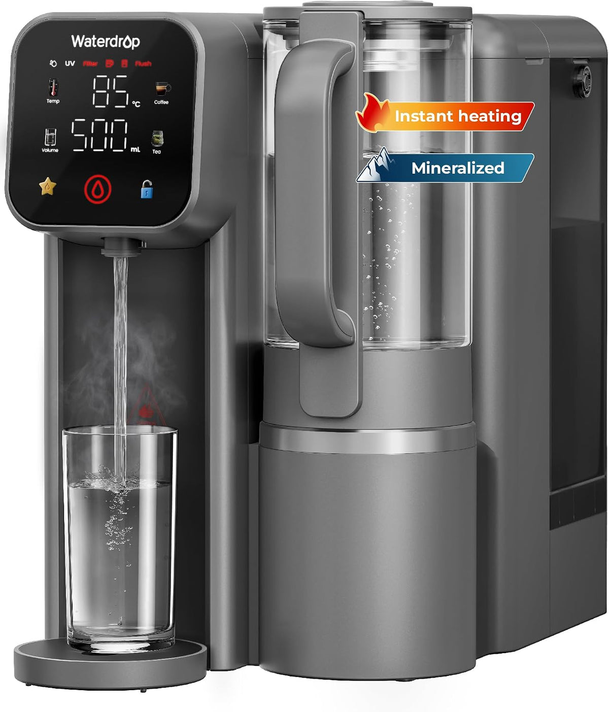 Waterdrop Heisswasserspender, Transparent, M6HG Mineralien Sofort-Heiss Auftisch Osmoseanlage, Glaskaraffe