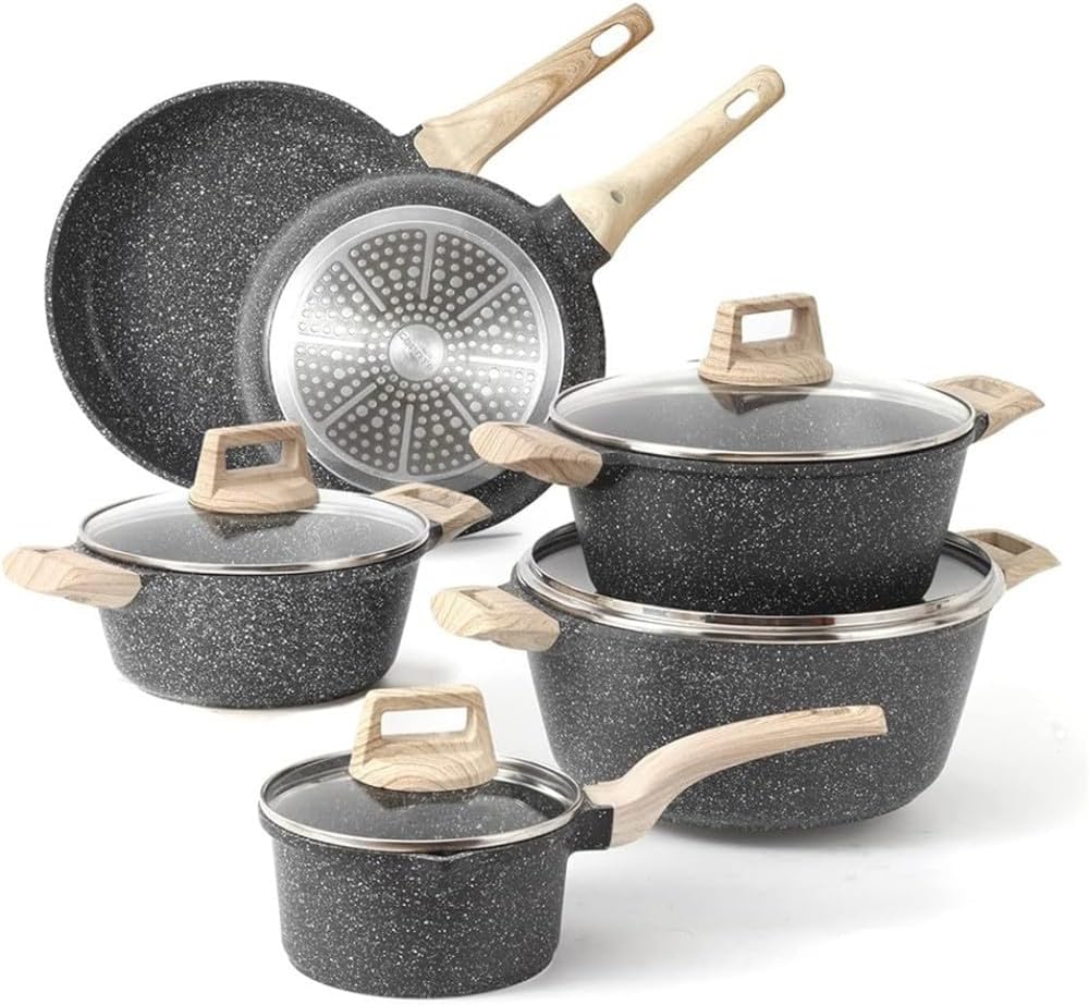 ASerZenith Topf- & Pfannensets, Schwarz, Antihaft-Granit-Kochgeschirr-Sets, 10-Teilig, Stein-Antihaft-Bratpfannen-Set