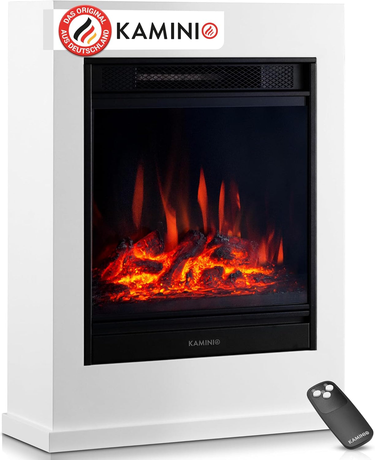 KAMINIO Elektrokamin, Weiss, Kalle - Elektrischer Standkamin mit Heizung, 3D-Flammeneffekt, Fernbedienung