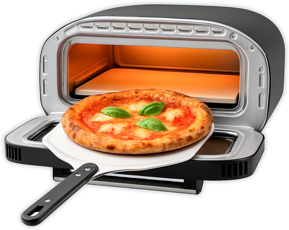 BEHOME Pizzaofen, 420 W, Schwarz, 430 °C, backt in 2 Minuten, Schaufel und Schamottstein inklusive, gleichmässiges Backen und Modus