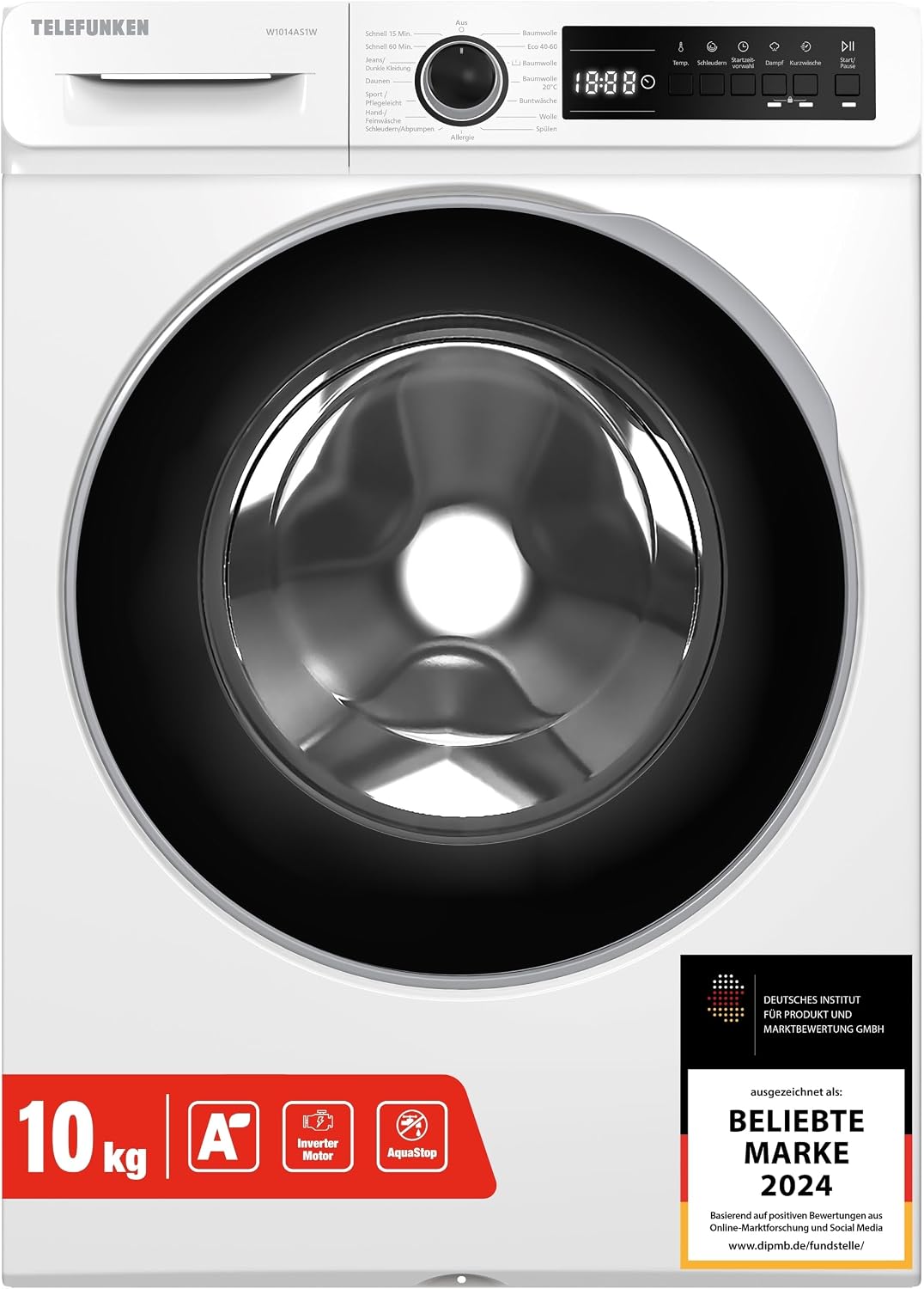 TELEFUNKEN Waschmaschine, 10 kg, Weiss, W1014AS1 W Frontlader 1400 U/Min. EEK A, Dampffunktion, Inverter Motor, AquaStop