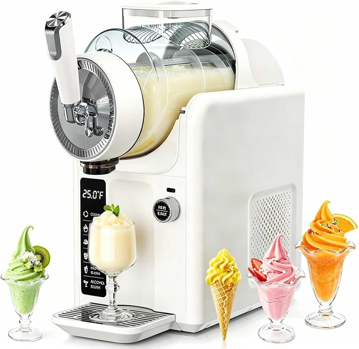 aromaoveite Eismaschine, 2l, Weiss, Softeismaschine, & Slush Maschine Mit 5 Programmen: Softeis, Slushie, Frappé Uvm