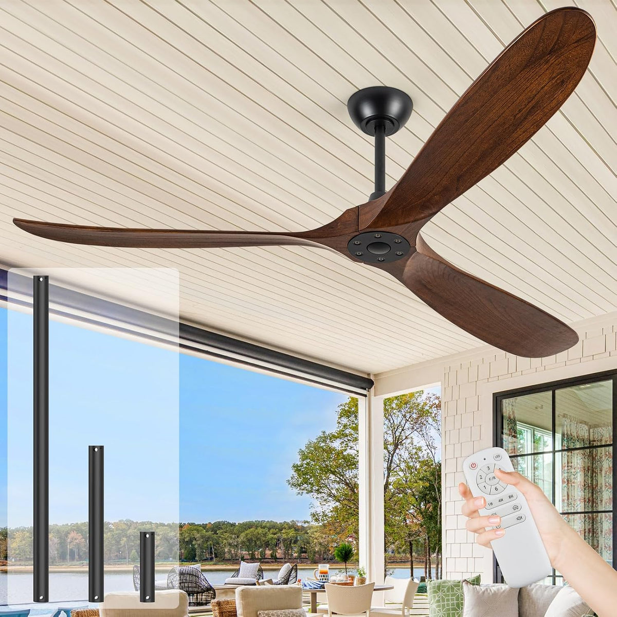 ZIMOFLL Deckenventilator, 183 cm, Weiss, ohne Licht, grosser ohne Licht, Nassbewertung, Outdoor-Deckenventilatoren für Terrassen