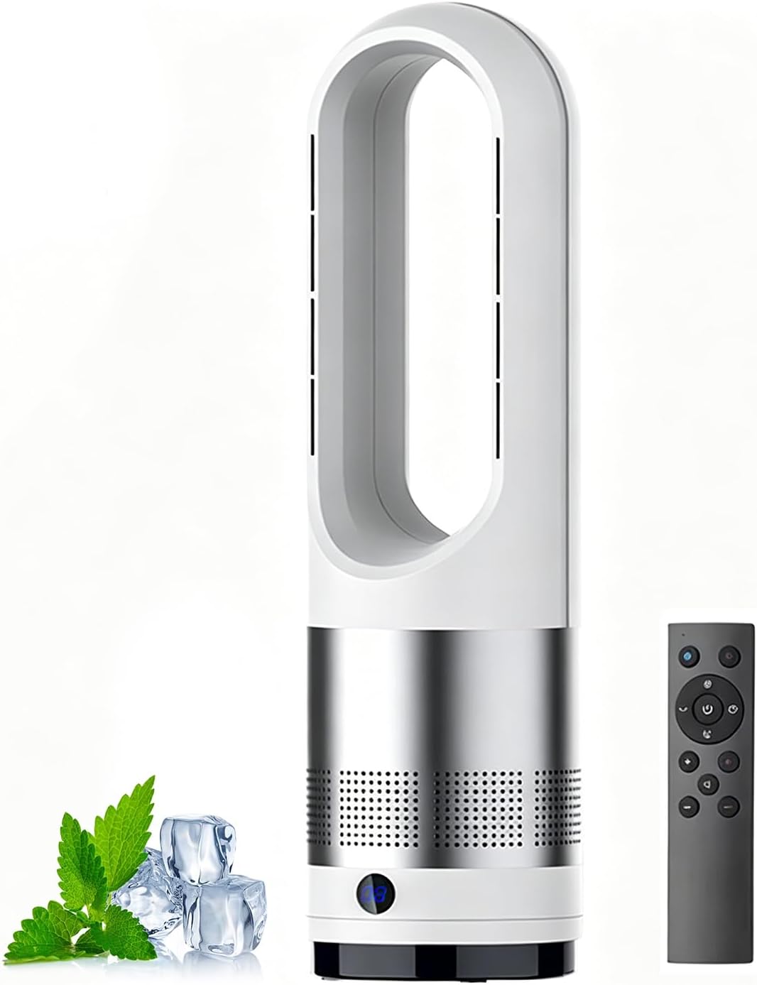 Heisser Turmventilator, 40 W kalt, 1400 W warm., 45,7 cm, ABS-Gehäuse + Kupfermotor + elektronische Komponenten., Silber