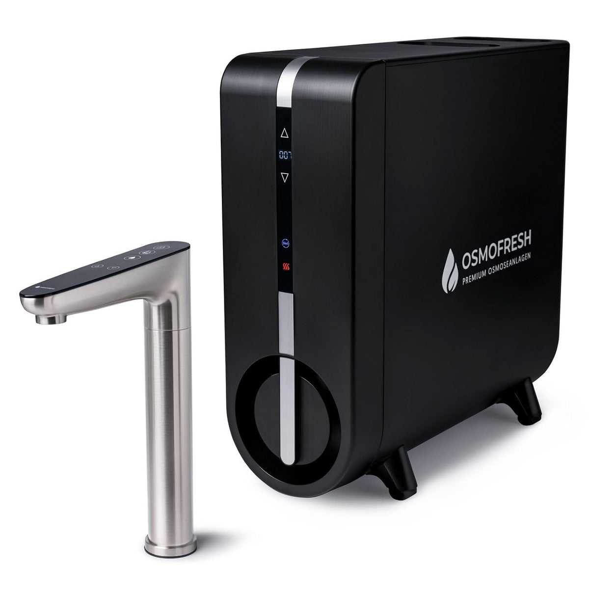 OsmoFresh Wasserhahnfilter, 1,8l, Schwarz, Osmoseanlage FlowOne+ /min, Heisswasser bis 95°C, extrem leise, 5in1 Umkehrosmose Filterung