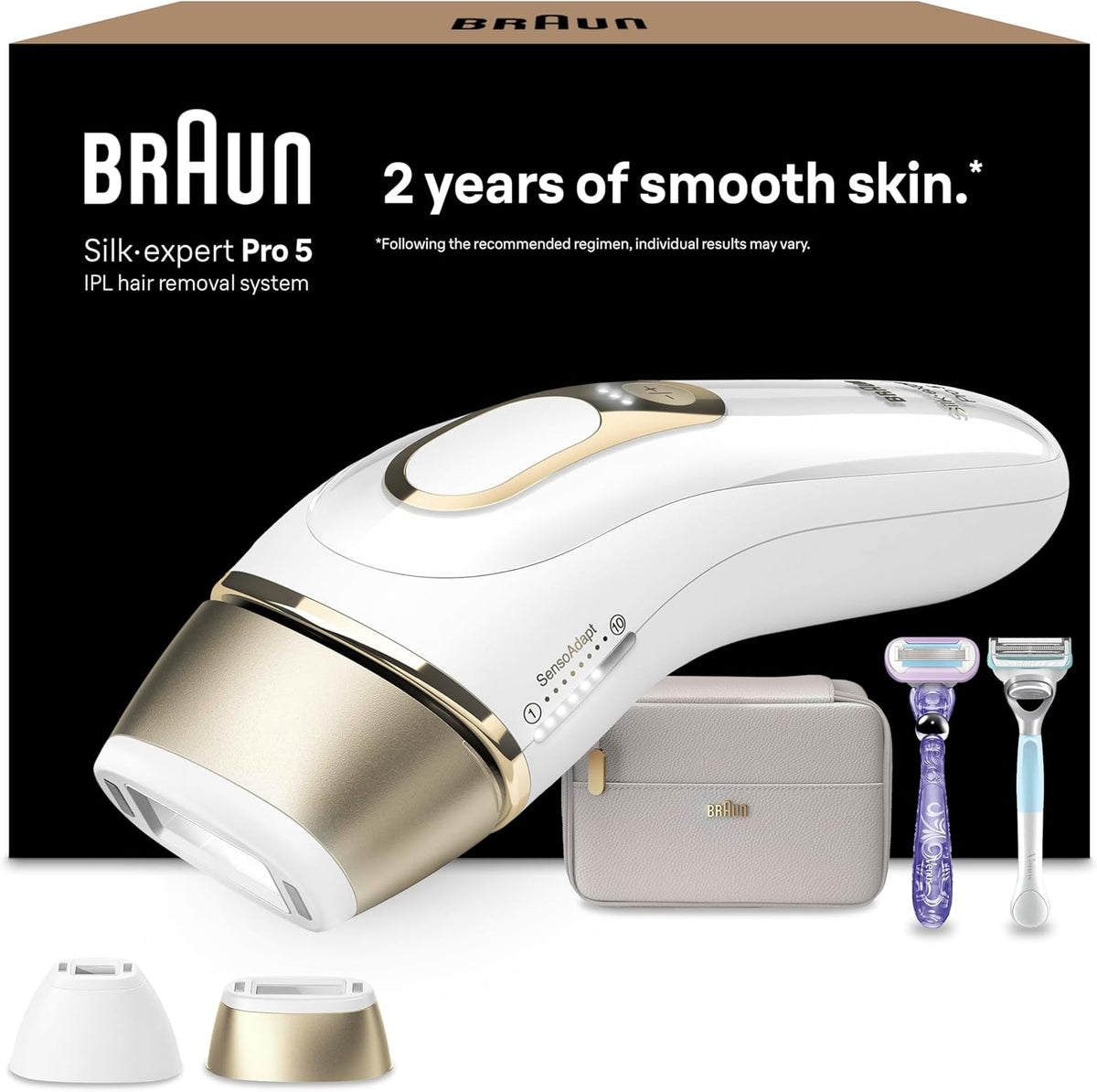 Braun Elektrorasierer, Braun/Weiss/Gold, IPL Silk Expert Pro 5, IPL Geräte Haarentfernung, Dauerhafte und Schmerzfreie Haarentfernung für Zuhause