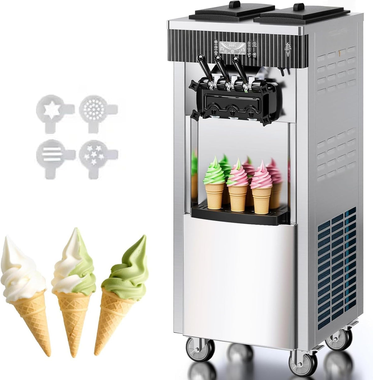 ZHIMAI Eismaschine, 2200 W, 28 L, 6 L, Silber, Kommerzielle, /h Leistung, freistehend Softeismaschine mit 3 Geschmacksrichtungen
