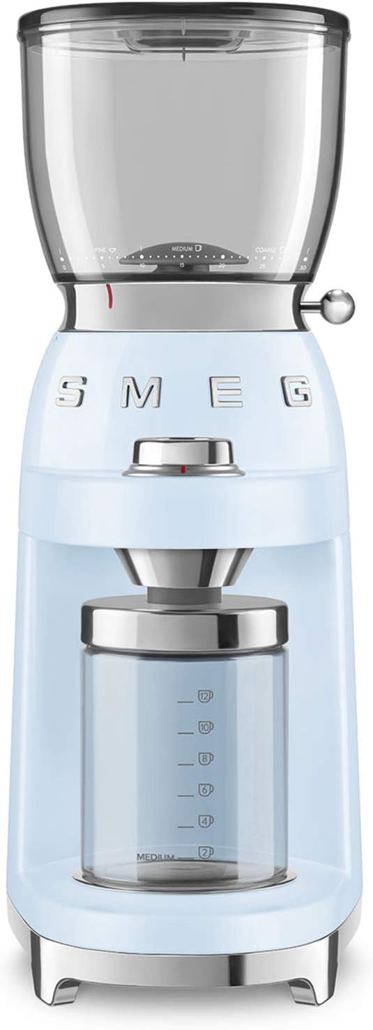 Smeg Elektrische Scheibenmühlen, 150 W, Blau, Kaffeemühle CGF01PBEU, konisches Edelstahlmahlwerk, 30 Mahlgrad Einstellungen