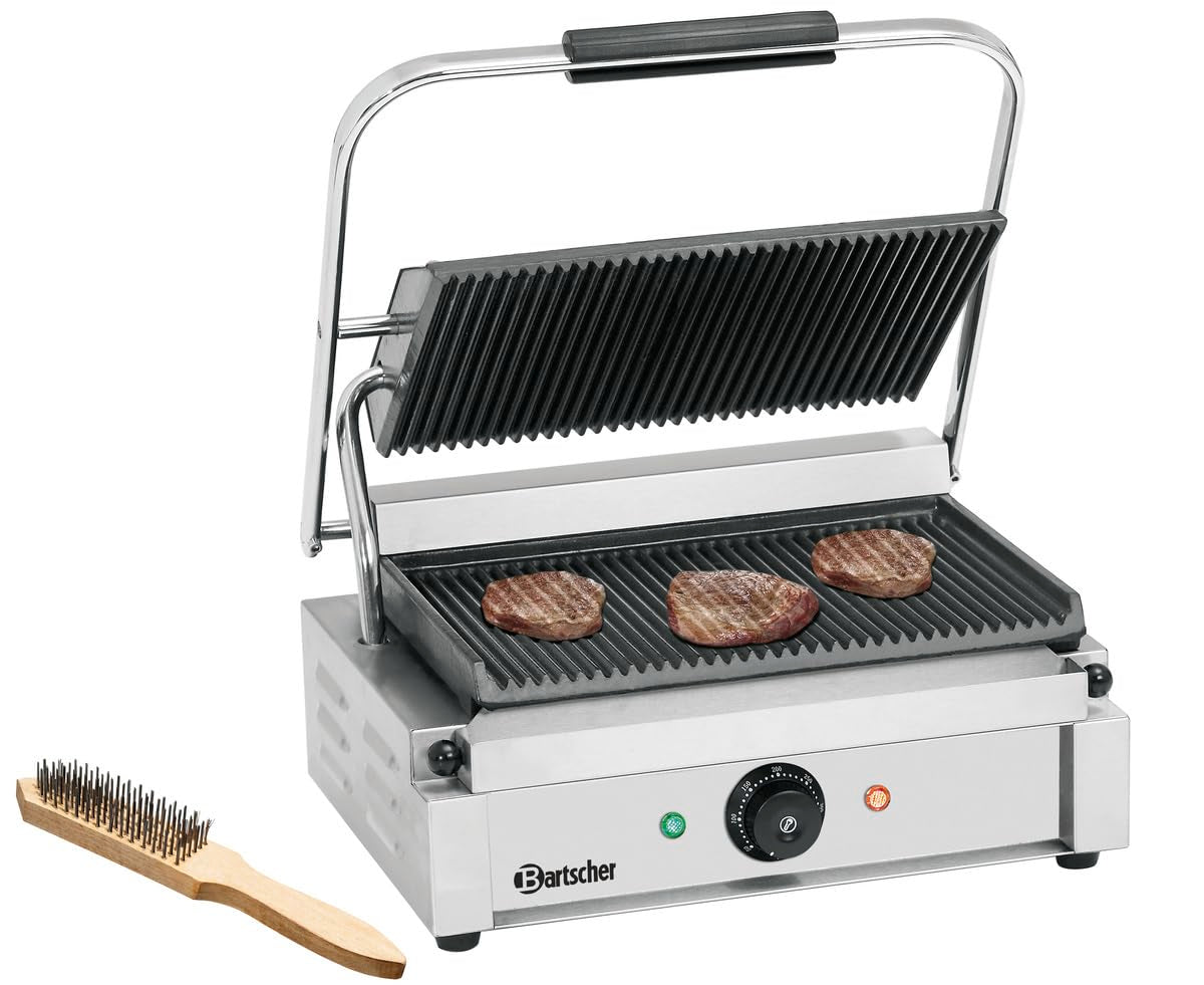 Bartscher Elektrogrill, 2,2 kW, Silber, Kontaktgrill Panini 1R, gerillte Gussplatten emailliert, Edelstahlgehäuse