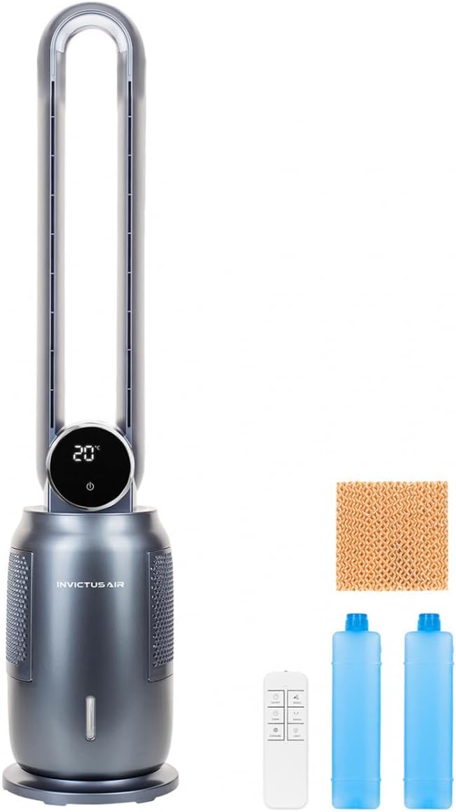 Genius Mobiles Klimagerät, Weiss, Invictus AIR AC7 Turmventilator Mobile Klimaanlage 6 tlg, Luftkühler, 12h Timer