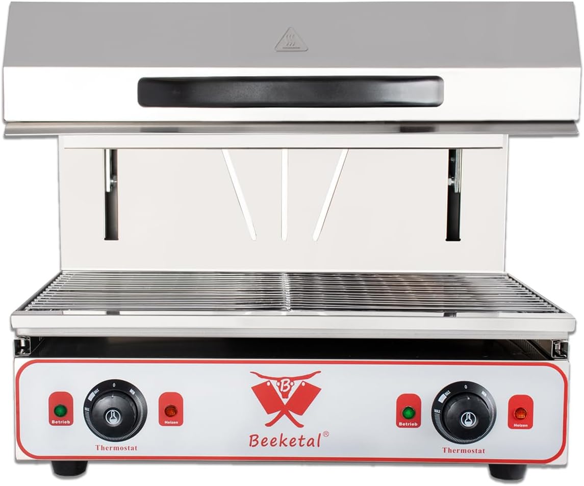Beeketal Gitter, 3500 Watt, 210 mm, Silber, 'BWB-3' Profi Lift Salamander Grill Überbackgerät aus, Heizelement höhenverstellbar bis max. ca