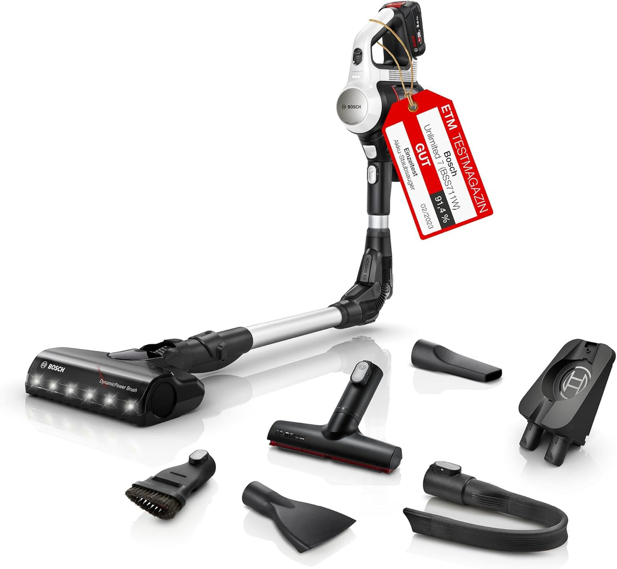 Bosch Stabstaubsauger, Weiss, Akku-Staubsauger Unlimited 7 BSS711 W, kabelloser Handstaubsauger, beutellos, Wechselakku