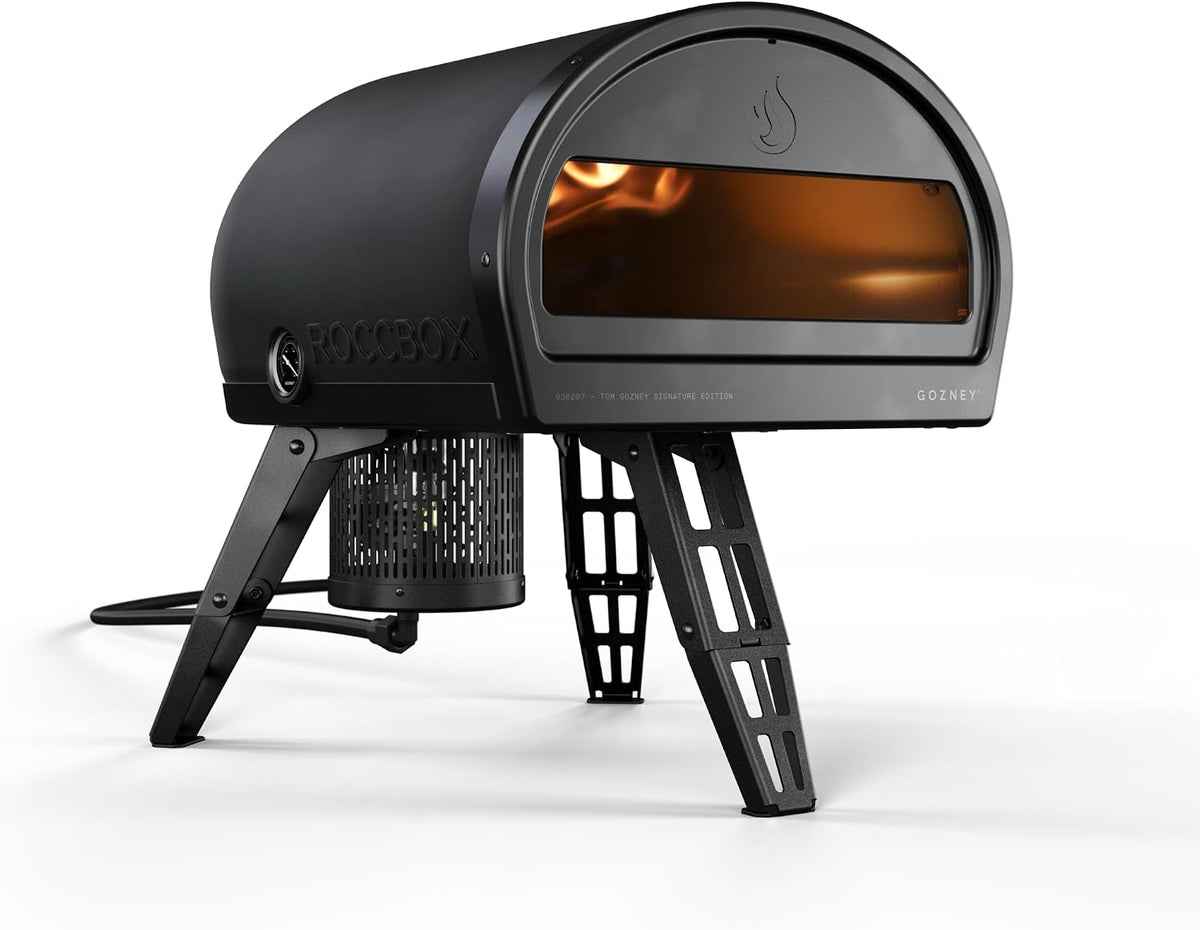 GOZNEY° Pizzaofen, 21 kg, Schwarz, Roccbox Tragbarer mit Steinboden, Gas und Holz, Frontorientiert, Timer-Funktion