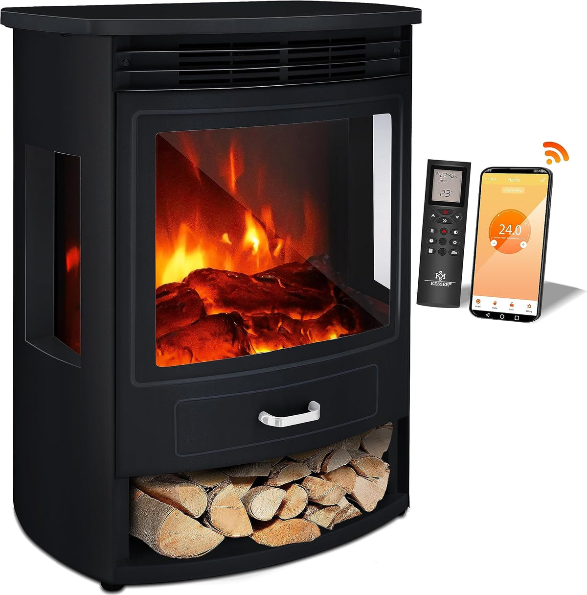 KESSER Elektrokamin, 1900 W, Schwarz, ® Prio mit Heizung Heizlüfter Fernbedienung WiFi App 950/