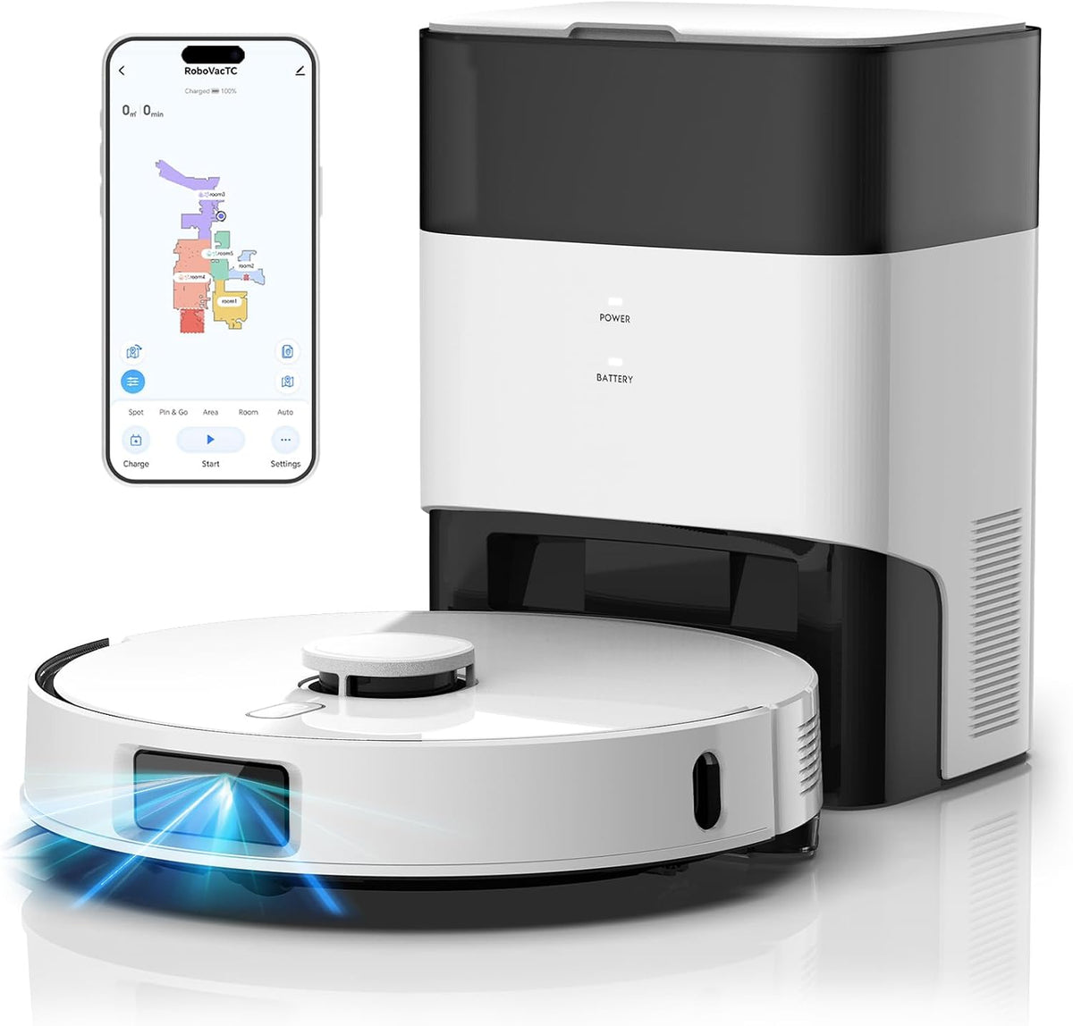FIXR Saugroboter, 3.5 L, Weiss, mit Wischfunktion, Staubsauger Roboter mit Absaugstation, 12000Pa Saugkraft, Reaktive 3D-Hindernisvermeidung