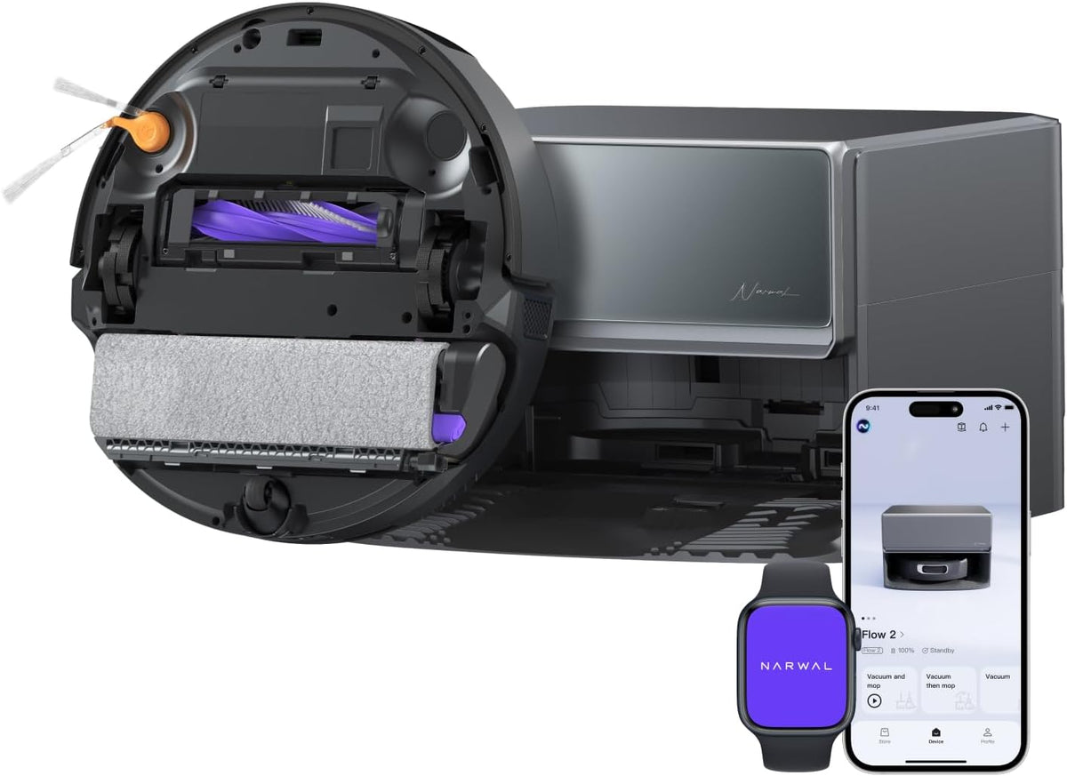 NARWAL Saugroboter, Schwarz, Flow 2 mit Kompaktstation, Saug- und Wischroboter, FlowWash-Wischsystem mit 60 °C Heisswasser