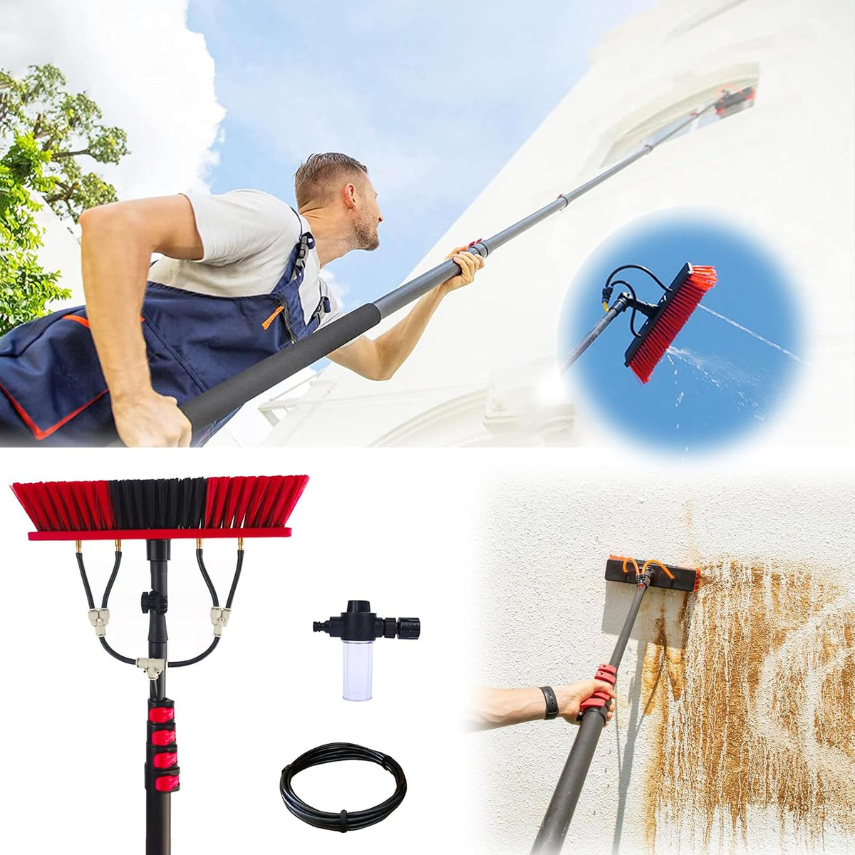 GHFXSCV Fensterabzieher, 35 cm, 6 m, Schwarz, Fensterreinigungsset mit Wasserzufuhr, Teleskopstange mit Seifenspender und Bürstenkopf