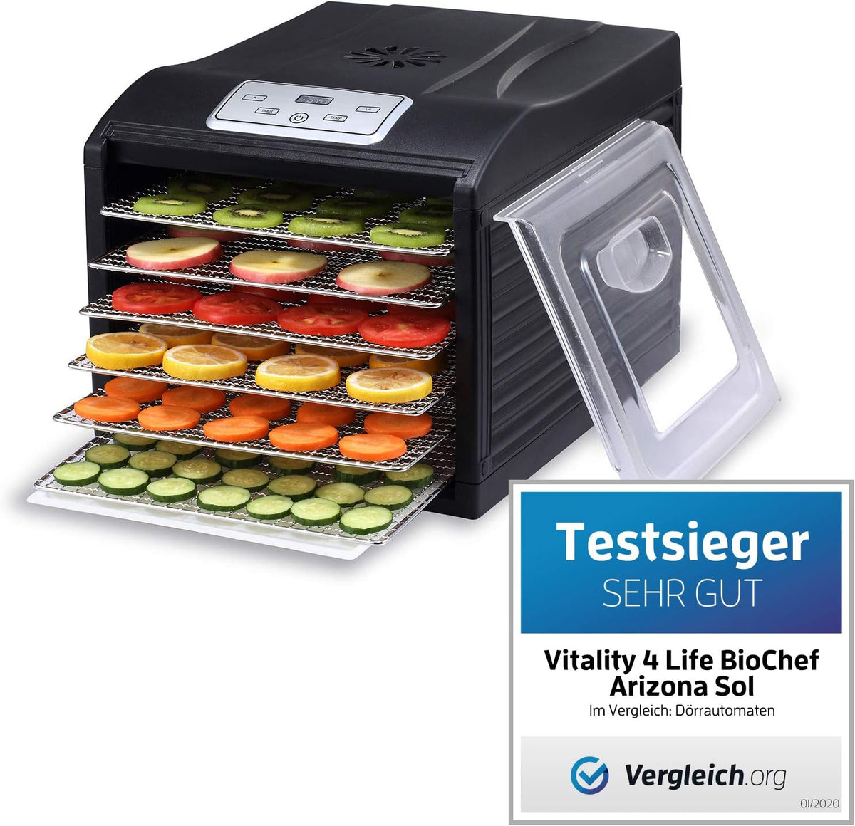 vitality4life Dörrautomaten, Silber/Schwarz, BioChef Arizona Sol Dörrautomat/Dörrgerät mit 6 Einschüben, 1 x Anti-Haft Folie