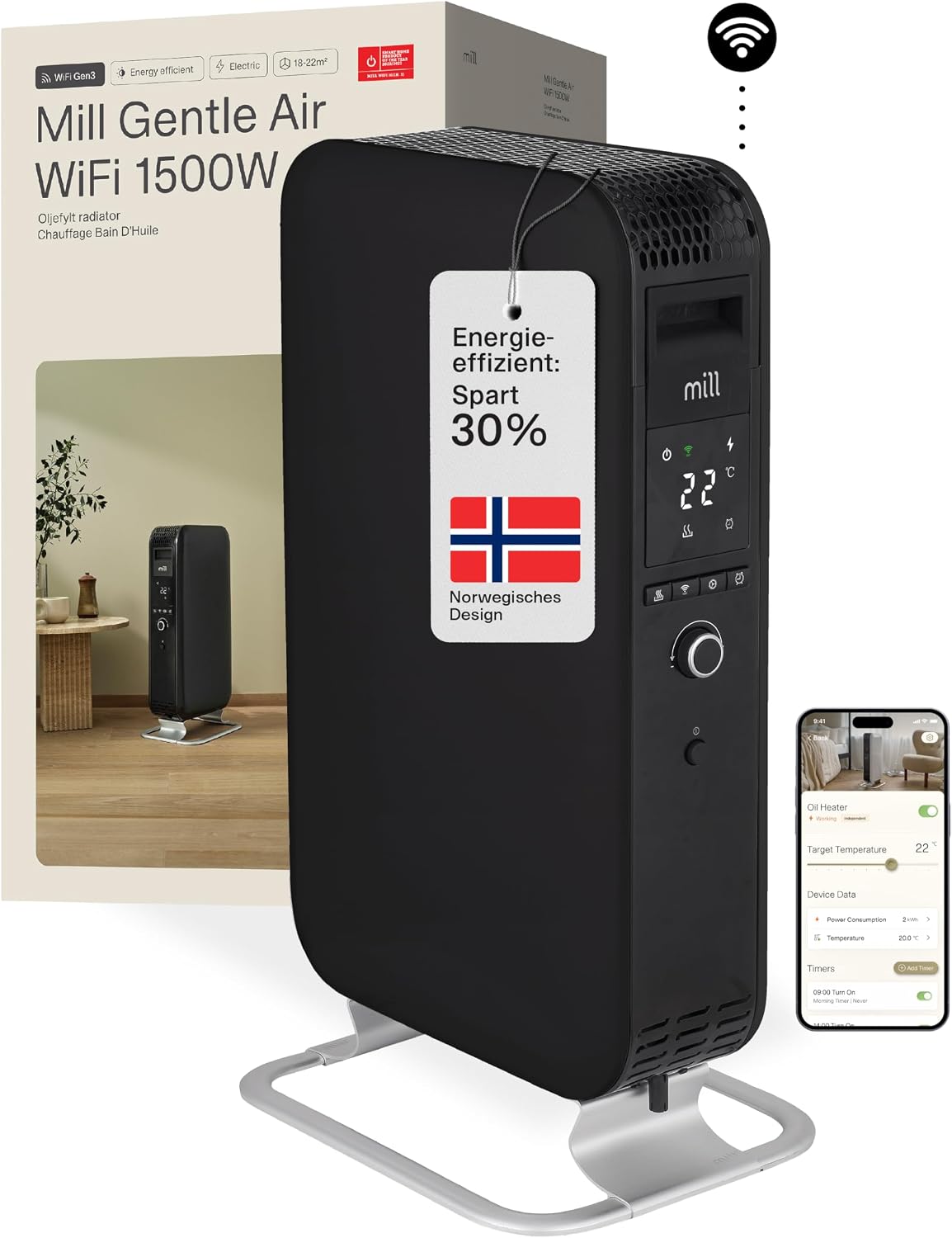 Mill Elektroheizkörper, 1500 W, 22m, Schwarz, Ölradiator Elektro Heizkörper - WIFI Smarte Elektroheizung, Heizung elektrisch 18- ²