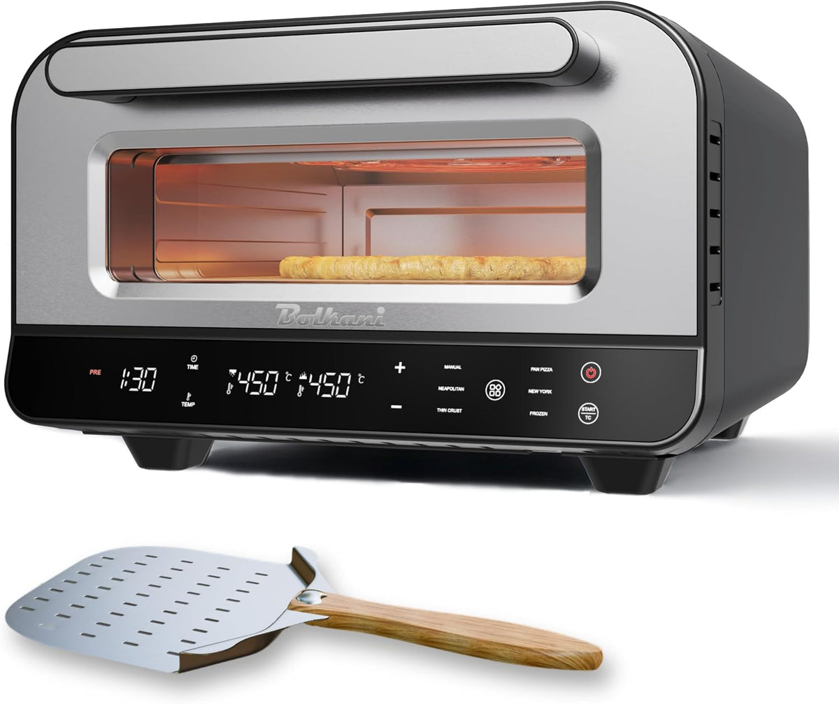 Bolkani Pizzaofen, Silber, Elektrisch 450 Grad mit Pizzastein, Profi Steinofen für Zuhause Indoor, Timer Ober Unterhitze 80-450°C Sichtfenster