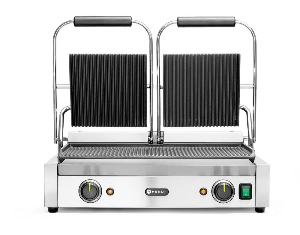 HENDI Elektrogrill, 3600 W, 216 mm, 230 V, Silber, Kontaktgrill, doppelt, gerillte Ausführung, inkl. Grillreinigungsbürste