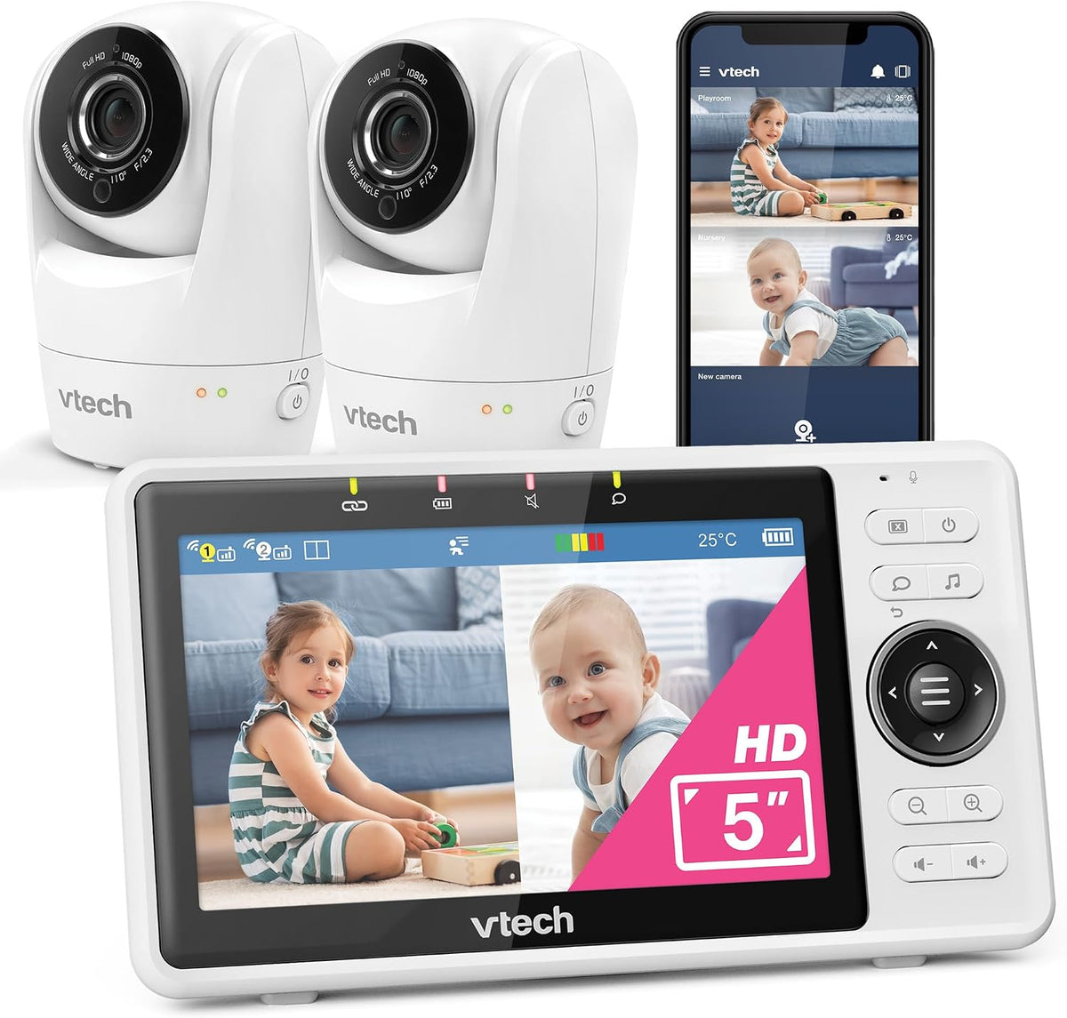 VTech Überwachungskamera, 2 W, Schwarz, Smart Babyphone mit 2 Kameras, 1080p-FHD-Kamera und 5'-HD-IPS-Bildschirm