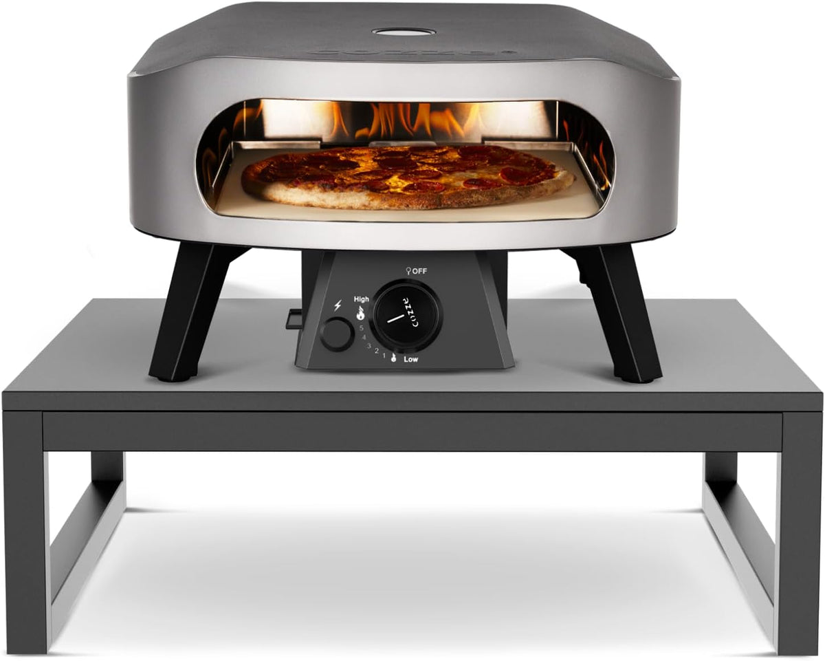 cozze Pizzaofen, 80 kg, Grau, ® Gas 13' (50 mbar) + Ofen-Erhöhung , Outdoor Tisch-Set