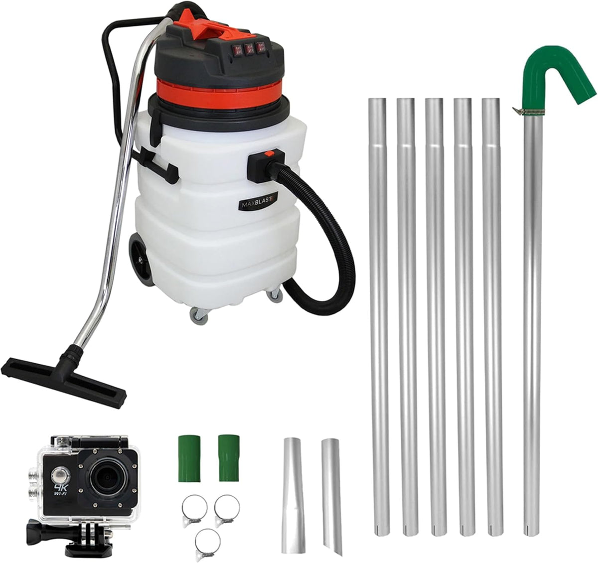 MAXBLAST Staubsauger, 3000 W, 7,5m, 90 L, Schwarz, Nass- & Trocken Industriestaubsauger, Motor, Dachrinnenstangen Set