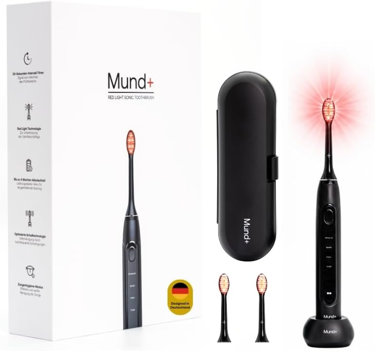Mundplus One Schall, Schwarz, Mund+ Elektrische Zahnbürste mit Redlight Technologie, Schallzahnbürste (Rotlicht) mit 2 Aufsätzen