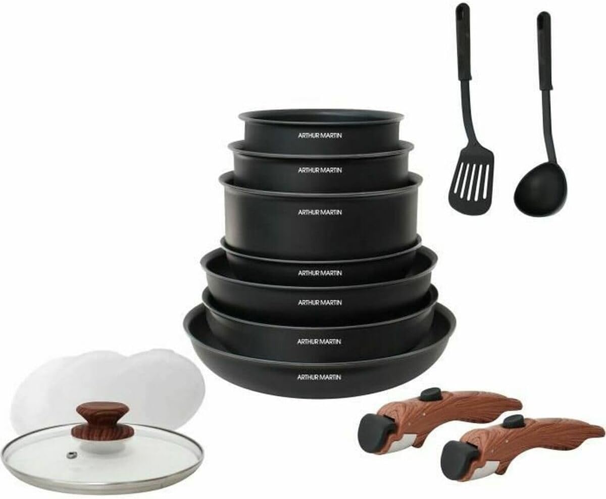 Arthur Martin Topf- & Pfannensets, Holz, Braun, AM1502 15-teiliges Kochgeschirr-Set abnehmbarer Griff