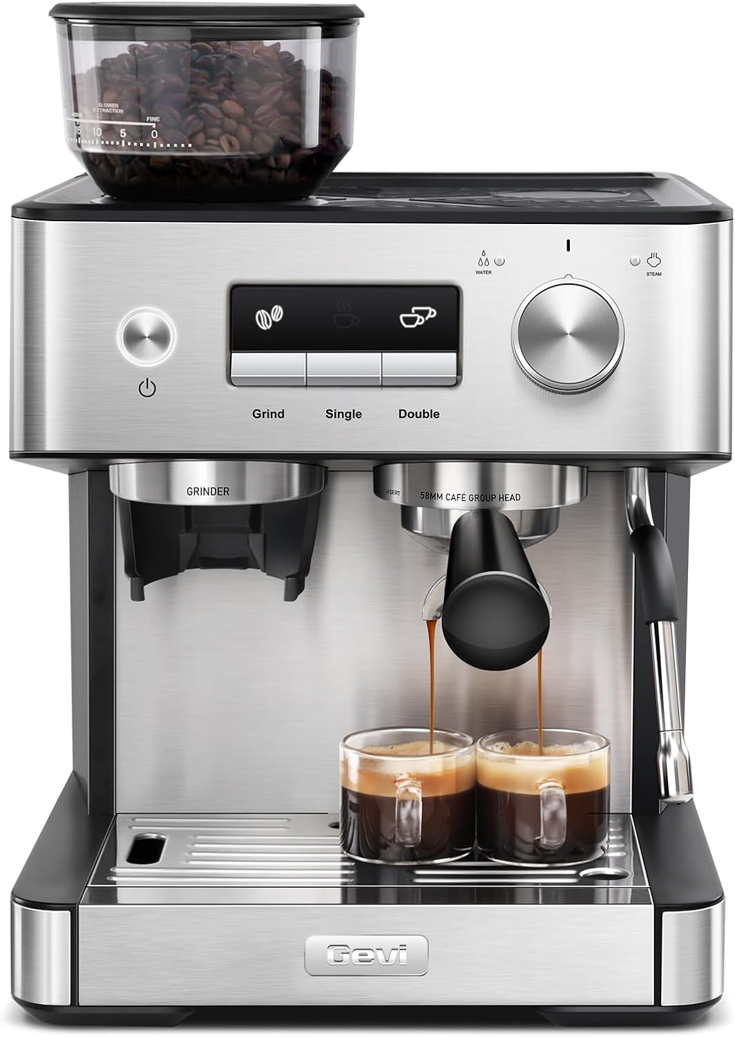Gevi Kaffeemaschine, 20 Bar, Schwarz/Silber, Espressomaschine mit integriertem Kegelmahlwerk und, kompakte für Hausgebrauch mit abnehmbarem Wassertank